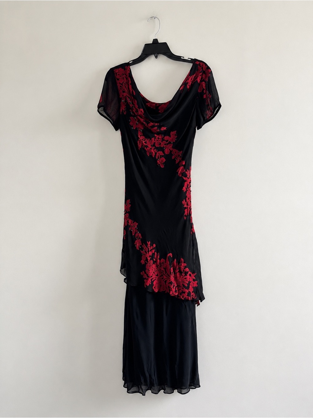 VTG Eva Blue Dress Black Red Floral Ruffle Sequin Midi 6 Whimsigoth Formal Fairy